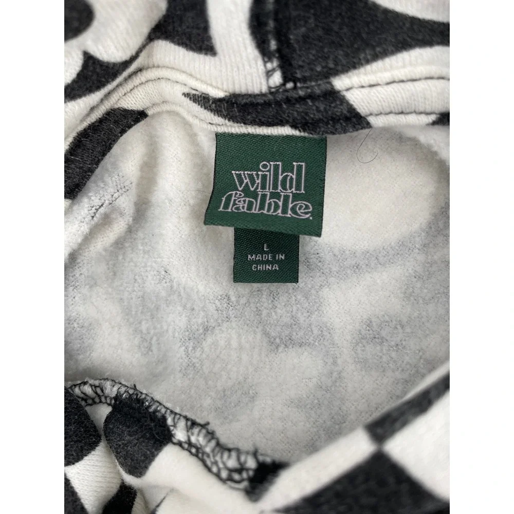 Cropped Hoodie Women Large Black White Retro Floral Check Indie Streetwear Y2K - Picture 4 of 8